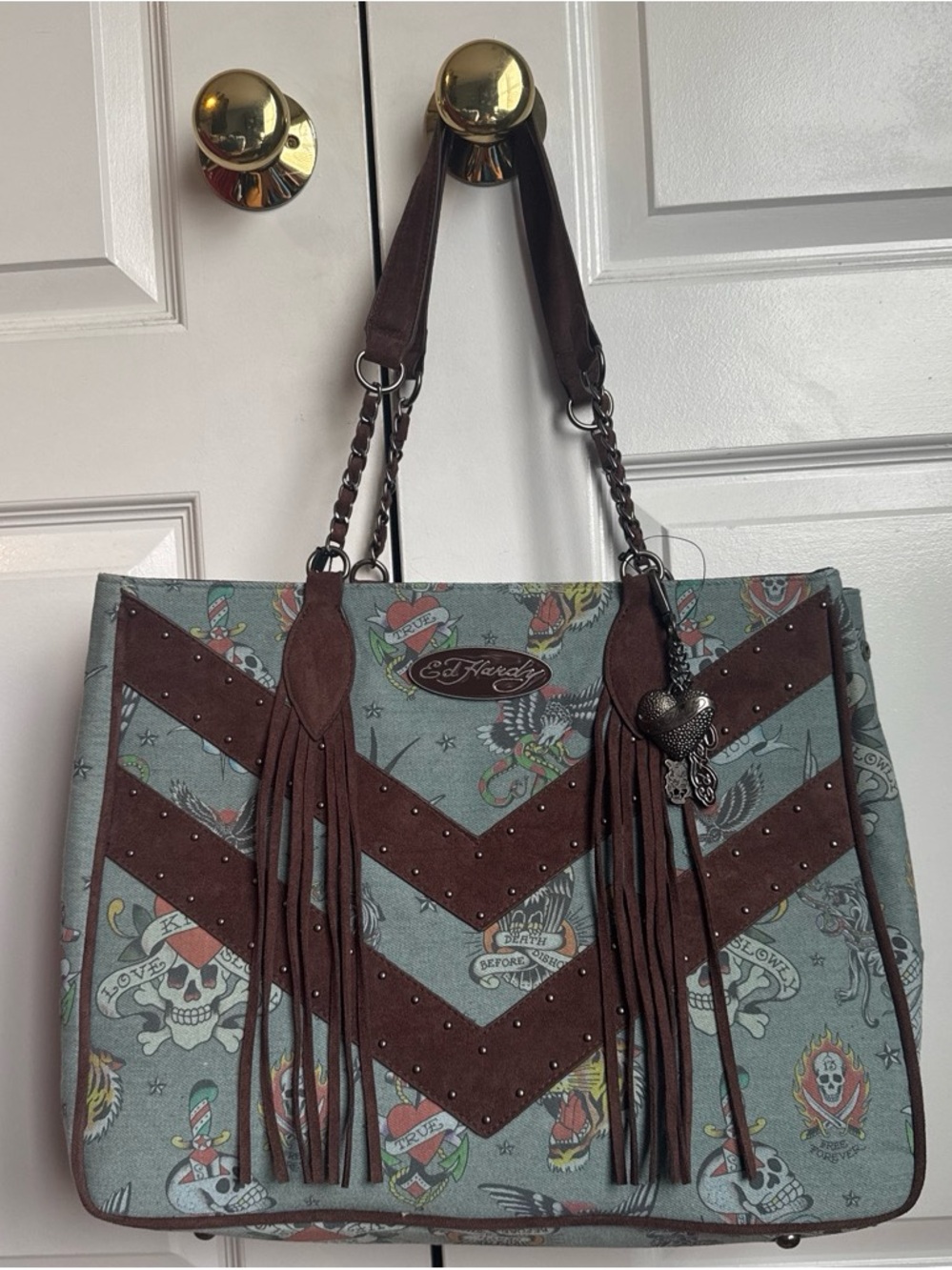 Ed Hardy large studded tote bag w blue denim graphic background + brown fringe